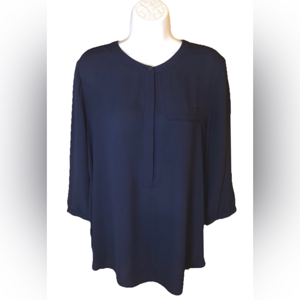 NYDJ Pintuck Navy Blouse Top Size Petite Large PL